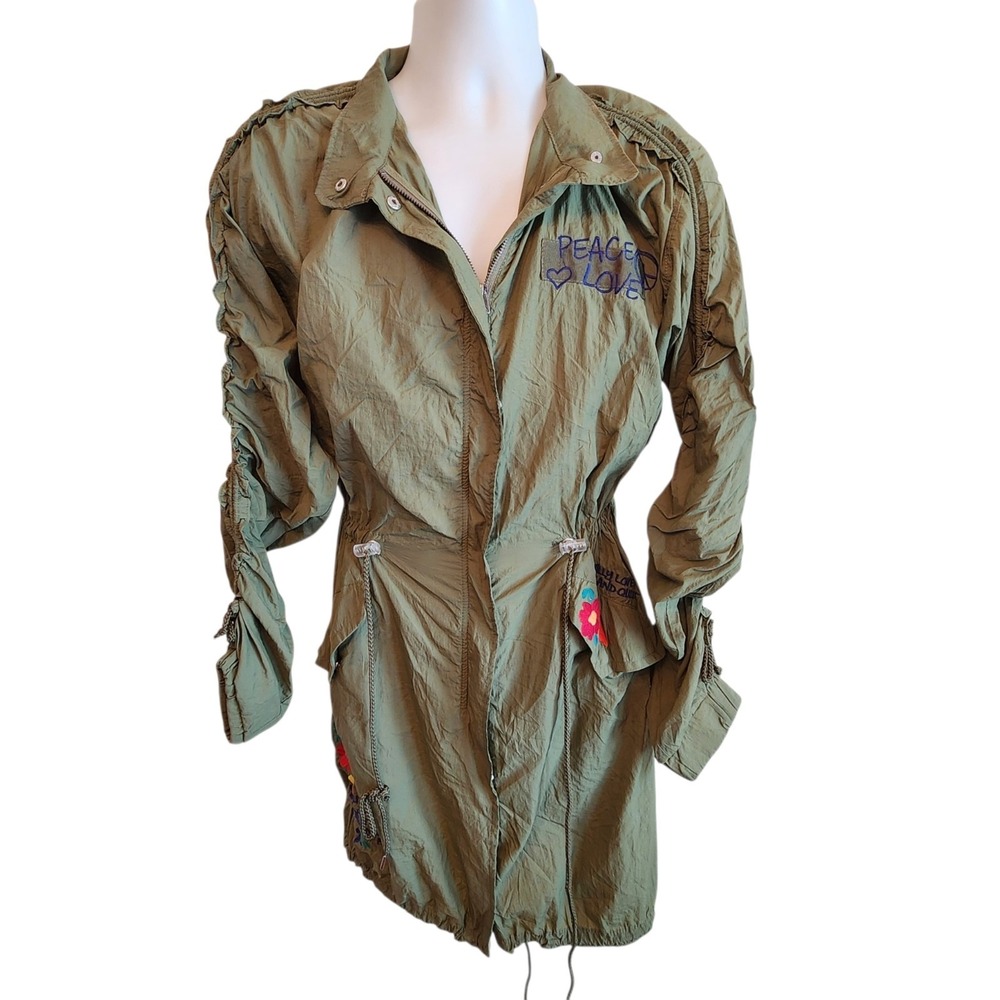Rocks & Indigo Women's Utility Jacket Medium Olive Floral Embroidered